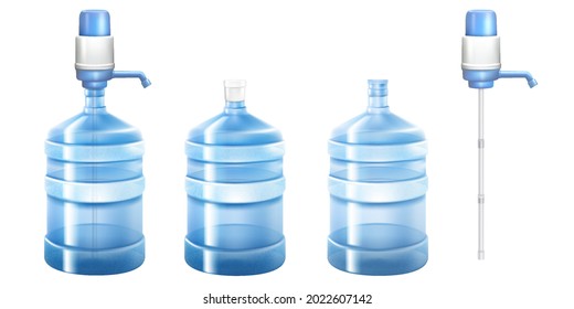 Pump Water Cooler And Big Bottle For Office And Home. Vector 3D Realistic Mockup Of Dispenser With Pump For Pouring Clean Water And Large Plastic Gallon Isolated On White Background