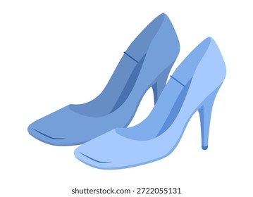 Bomba mulheres azul quadrado dedo do pé calcanhar par plano. Calçado vestido moderno com linhas limpas para escritório, olhar polido. Ilustração técnica, maquete CAD, homens vetor liso unisex estilo refinado isolado.