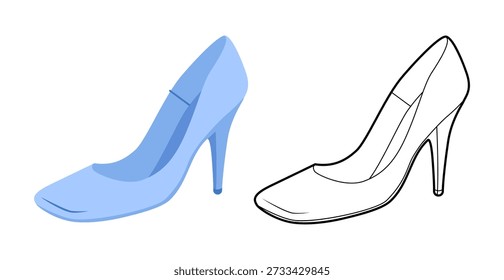 Pump women blue square toe heel flat plus line set. Modern dress footwear with clean lines for office, urban outfit. Technical illustration, CAD mockup, mixed vector men unisex isolated chic style.