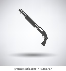 Pump-action shotgun icon on gray background, round shadow. Vector illustration.
