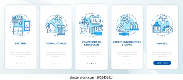 Pumped hydroelectric storage onboarding mobile app page screen with concepts. Thermal storage walkthrough 5 steps graphic instructions. UI vector template with RGB color illustrations