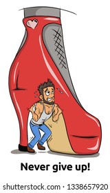 A pumped up male character raises a female red shoe
