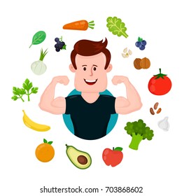 Pumped-up sport fitness young man around vegetables and fruits. Vector flat modern style illustration character icon design. Isolated on white background.Bodybuilding,healthy food,nutrition concept