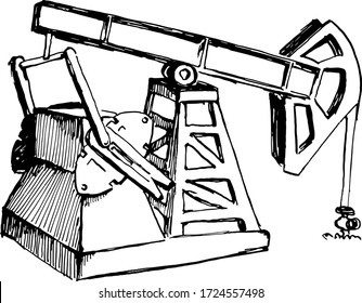 pumpin jack. back right view. oil industry. hand drawn ink sketch.