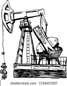 pumpin jack. profile left view. oil industry. hand drawn ink sketch.