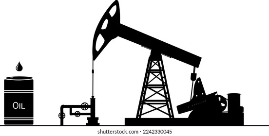 Pumping unit for oil production. Petroleum. Black silhouette of a pumping oil well and a barrel on an isolated white background. Energy industry. Vector illustration. 