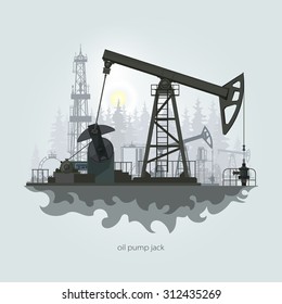 Pumpjack in the Background of Fir Trees and Working Oil Pumps and Drilling Rig, Oil Pump, Petroleum Industry ,  Vector Illustration