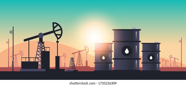 pumpjack oil barrels petroleum production trade oil industry concept pumps industrial equipment drilling rig sunset background horizontal vector illustration