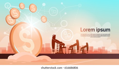 Pumpjack Oil Rig Crane Platform Black Wealth Concept Flat Vector Illustration