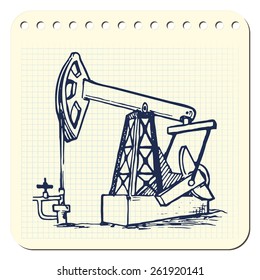 A pumpjack is the overground drive for a reciprocating piston pump in an oil well. EPS10 vector illustration in a sketchy style imitating scribbling in the notebook or diary.