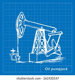 A pumpjack is the overground drive for a reciprocating piston pump in an oil well. EPS10 vector illustration imitating blueprint style scribbling with white marker.