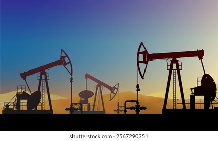 Pumpjack, pump jack pumps oil. Background colorful sunset sky. Onshore crude oil production, industry, business. Oil field. Silhouette, horizon, desert, dune. Carbon energy. Vector illustration