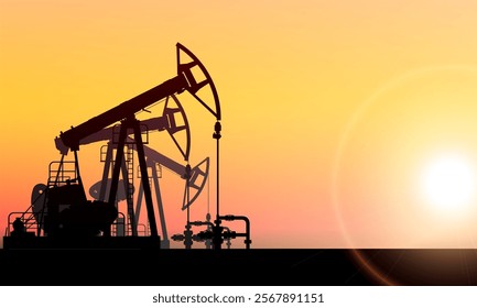 Pumpjack, pump jack pumps oil. Background colorful sunset sky. Onshore crude oil production, industry, business. Oil field. Silhouette, horizon, desert, sun. Carbon energy. Vector illustration