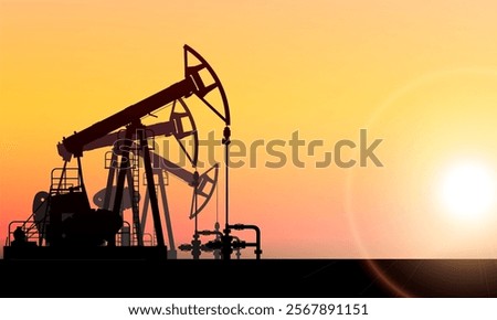 Pumpjack, pump jack pumps oil. Background colorful sunset sky. Onshore crude oil production, industry, business. Oil field. Silhouette, horizon, desert, sun. Carbon energy. Vector illustration