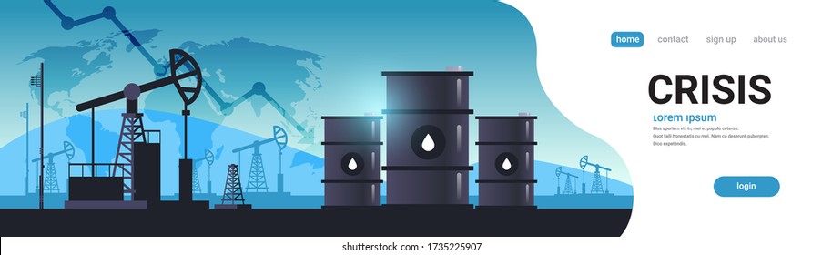 pumpjack silhouette petroleum production and trade oil industry downward chart arrow falling price crisis concept oil pumps drilling rig world map background horizontal copy space vector illustration