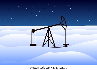 Pumpjack in winter Siberia. Vector illustration.