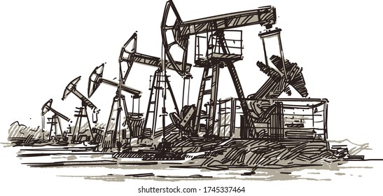 PumpJacks Illustration. Vector Sketch illustration isolated on white background