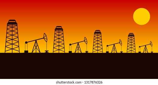 Pumpjacks and oil rigs in a row. Oilfield in desert. Vector illustration.