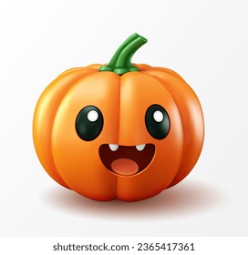 Cute personaje de calabaza de Halloween 3d. Ilustración vectorial de dibujos animados aislada en fondo blanco. Modelo 3d de mascota de Halloween para decoraciones navideñas