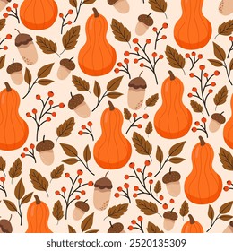 pumpkin and accorn autumn seamless pattern background illustration