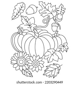 pumpkin acorn flowers autumn leaves fall thanksgiving coloring illustration pages