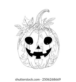  Pumpkin, Acorn, Flowers Leaves. Thanksgiving Colouring Pages. Perfect in a colouring book for adults, as a postcard design.