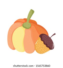 pumpkin and acorn on white background vector illustration