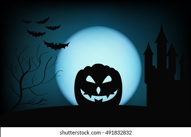 pumpkin against a blue moon on Halloween