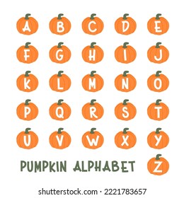 Pumpkin alphabet with san serif font. Autumn inspiration. Vector illustration, flat design