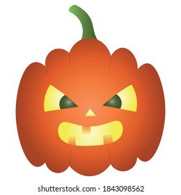 Pumpkin. Angry facial expression. Colored vector illustration. Isolated white background. Flat style. Halloween symbol. Ominous grimace. Jack-lantern. Glows from the inside. Orange vegetable. 