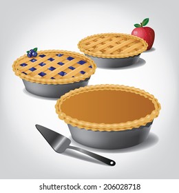 Pumpkin, apple and blueberry pies. EPS 10 vector, grouped for easy editing. No open shapes or paths.