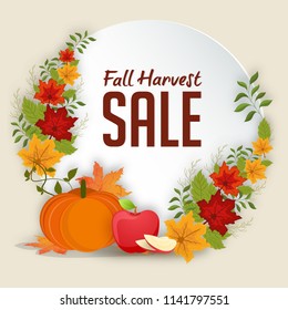 Comida de calabaza y manzana con hojas de arce decorada marco circular para el concepto de venta de cosecha de otoño. Diseño de afiches o pancartas.
