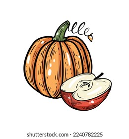Pumpkin and apple hand drawn colorful cartoon style vector food illustration.