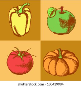 Pumpkin, apple, pepper and tomato, vegan vector background 