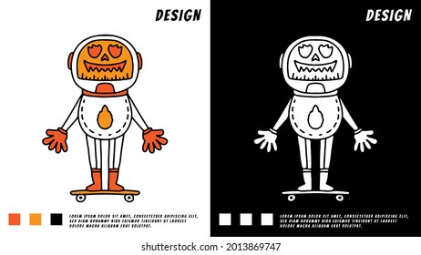 pumpkin astronaut rides on skateboard. illustration for t shirt, poster, logo, sticker, or apparel merchandise.