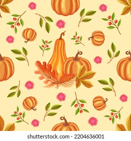 Calabaza y ramo otoñal de hojas de diseño sin fisuras. Moda de calabaza, hoja de castaño, hoja de arce y hoja de roble sobre fondo amarillo claro. Adecuado para el diseño de papel envolvente y papel digital