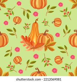 Pumpkin and autumn bouquet of leaves seamless pattern design. Pumpkin, chestnut leaf, maple leaf and oak leaf pattern on light green background. Suitable for wrappin paper and digital paper design