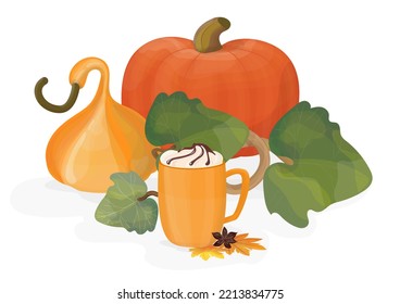 Pumpkin autumn coffee drink with spices. Pumpkins and maple leaves. Autumn design for Thanksgiving.