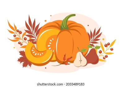 Pumpkin with autumn colorful leaves and fruit. Happy thanksgiving. Vector illustration for holiday greeting card, banner, poster
