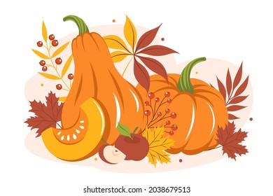 Pumpkin with autumn colorful leaves and fruit. Happy thanksgiving. Vector illustration for holiday greeting card, banner, poster