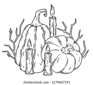 Pumpkin autumn decor with leaves, halloween october post card. September composition