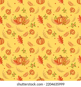 Pumpkin and autumn foliage seamless pattern design. Pumpkin,maple leaf and chestnut leaf pattern on light yellow background. Suitable for wrappin paper and digital paper design