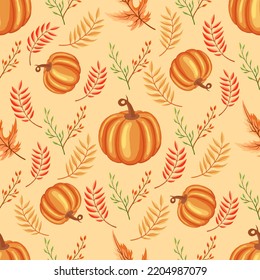 La calabaza y el follaje otoñal diseño de patrones sin fisuras. Modalidades de calabaza, hoja de arce y hoja de roble sobre fondo amarillo. Adecuado para el diseño de papel envolvente y papel digital