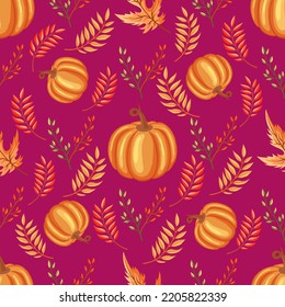 Pumpkin and autumn foliage seamless pattern design. Pumpkin,maple leaf and oak leaf pattern on bright pink background. Suitable for wrappin paper and digital paper design