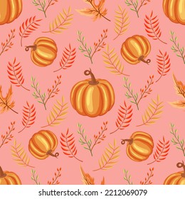 Pumpkin and autumn foliage seamless pattern design. Pumpkin,maple leaf and oak leaf pattern on pink background. Suitable for wrappin paper and digital paper design