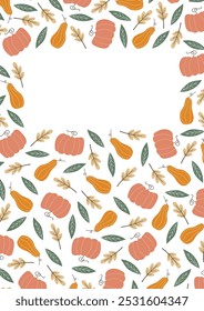 pumpkin. autumn pumpkin. a frame made of pumpkin and leaves. autumn harvest. beautiful frame. a template for creating postcards. vector. doodle drawing. on a white background.