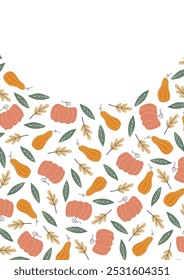 Calabaza. calabaza de otoño. un marco hecho de calabaza y hojas. cosecha de otoño. marco hermoso. una Plantilla para crear postales. Vector. dibujo de doodle. sobre un fondo blanco.