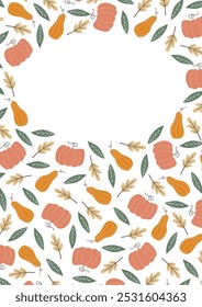 pumpkin. autumn pumpkin. a frame made of pumpkin and leaves. autumn harvest. beautiful frame. a template for creating postcards. vector. doodle drawing. on a white background.