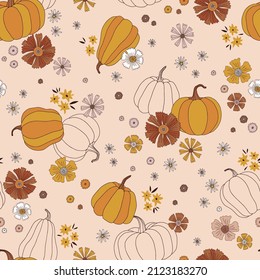 Pumpkin Autumn Harvest Floral Vector Seamless Pattern. Fall Vegetable And Flower Light Background. Boho Kitchen Garden Surface Design.