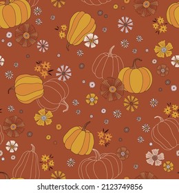 Pumpkin autumn harvest floral vector seamless pattern. Fall vegetable and flower dark background. Boho kitchen garden surface design.